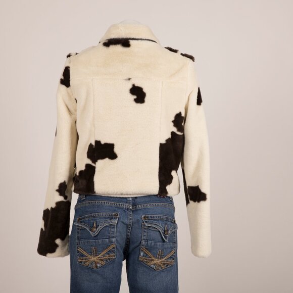 Forever 21 Cropped Faux Shearling Jacket in Ivory and Dark Brown Cow Print - Picture 3 of 6